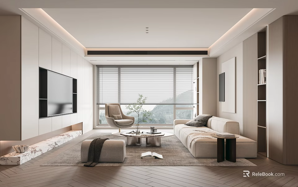 Modern Living Room Interior Design With Light Sofa Armchair Large Window Blinds And Wall TV 3d model 