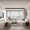 Modern Living Room Interior Design With Light Sofa Armchair Large Window Blinds And Wall TV