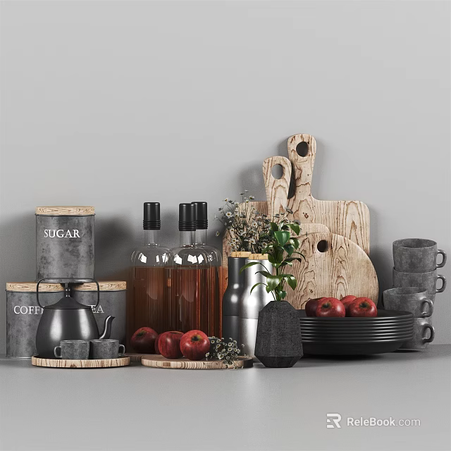 Essential Kitchenware With Wooden Cutting Board Glass Bottles Mugs And Fresh Apples 3d model 