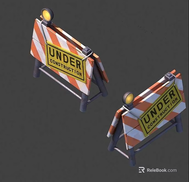 Road Construction Barriers With Orange White Stripes And Yellow Under Construction Signs 3d model 