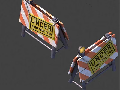 Road Construction Barriers With Orange White Stripes And Yellow Under Construction Signs 3d model