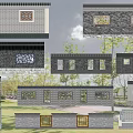 Chinese Style Garden Feature Wall With Stone Bricks Carved Windows And Circular Decorative Elements