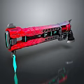 Futuristic Weapon With Vibrant Red Body Black Accents Blue Blade And Geometric Patterns