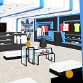 Modern Clothing Store Interior Design With Blue Lines Display Racks And Seating 3d model