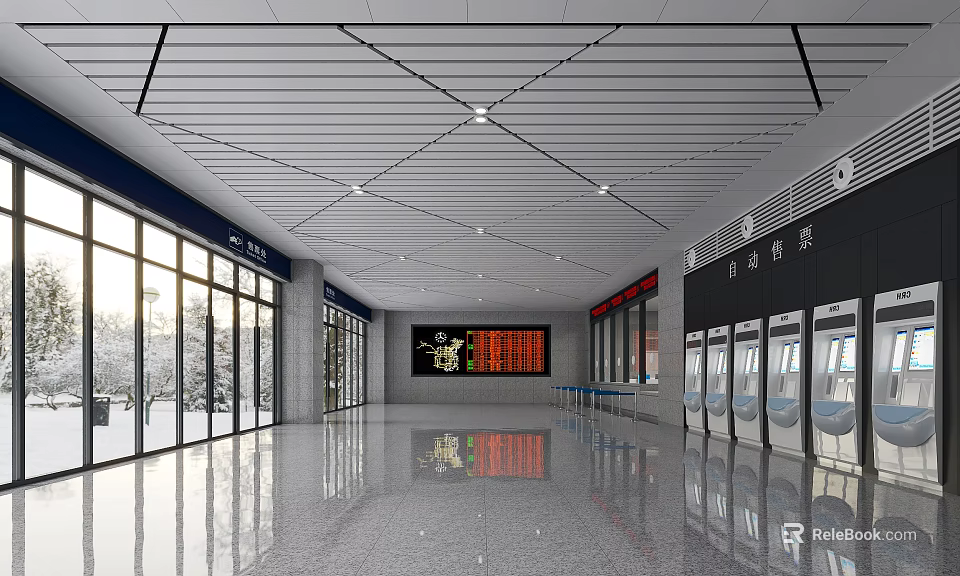 Spacious Modern Station Interior With Glass Curtains Electronic Screens And Ticket Machines 3d model 