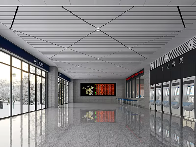 Spacious Modern Station Interior With Glass Curtains Electronic Screens And Ticket Machines 3d model