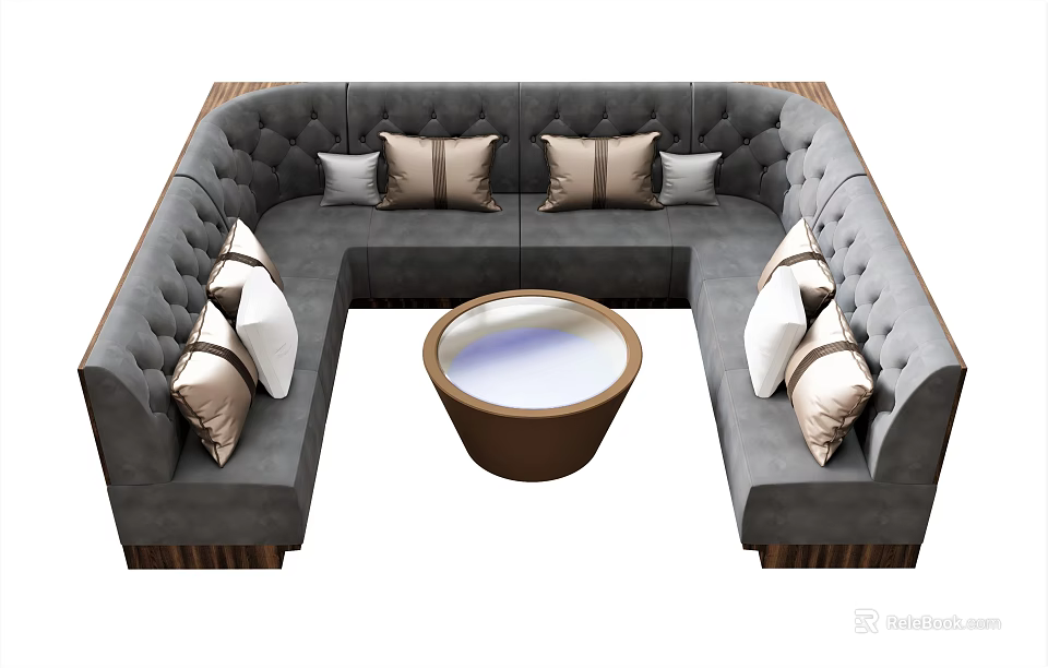 L shaped Gray Public Seating With Brown And White Cushions And Round Wooden Table 3d model 