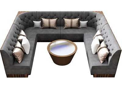 L shaped Gray Public Seating With Brown And White Cushions And Round Wooden Table 3d model