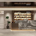 Modern Hotel Reception Area With Marble Counter Wine Display Chandelier And Plant