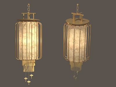 Chinese Style Golden Frame Chandeliers With Fabric Shades And Hanging Tassels 3d model