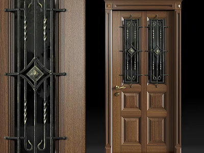 Elegant Wooden Sliding Doors With Wrought Iron Decorations And Glass Panels 3d model