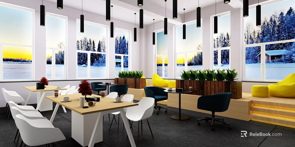 Lounge Area Interior Design With Large Windows Snowy View Green Plants And Black Pendant Lights 3d model 