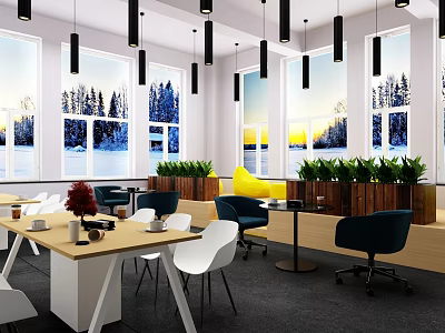 Lounge Area Interior Design With Large Windows Snowy View Green Plants And Black Pendant Lights 3d model