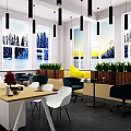 Lounge Area Interior Design With Large Windows Snowy View Green Plants And Black Pendant Lights