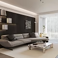 Modern Minimalist Living And Dining Room With Comfortable Grey Sofa And Exquisite Marble Coffee Table