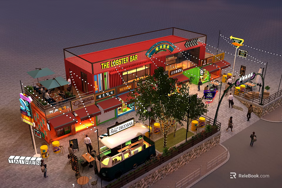 Vibrant Commercial Street With Outdoor Dining Areas Neon Signs Pedestrians Trees And Evening Lights 3d model 