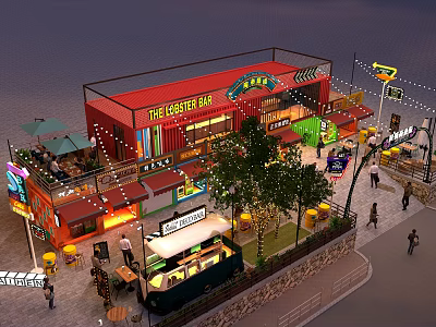 Vibrant Commercial Street With Outdoor Dining Areas Neon Signs Pedestrians Trees And Evening Lights 3d model