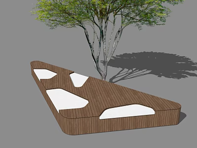 Wooden Landscape Seat with Irregular Shape and White Recessed Areas Beside Tree with Green Leaves 3d model
