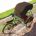 Traditional Green Rickshaw With Red Seats And Black Canopy Near Brick Wall
