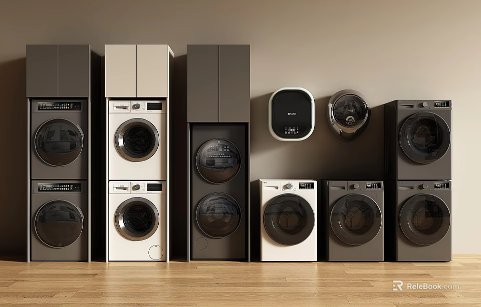 Modern Washing Machines In Various Colors With Stackable Design And Digital Displays 3d model 