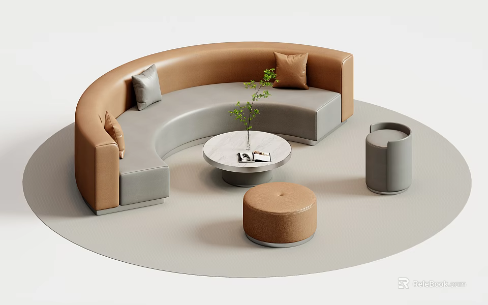 Brown and Gray Curved Leisure Sofa Set with Round Coffee Table Ottomans Plant and Book 3d model 