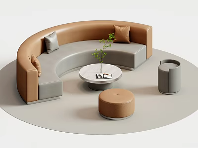 Brown and Gray Curved Leisure Sofa Set with Round Coffee Table Ottomans Plant and Book 3d model