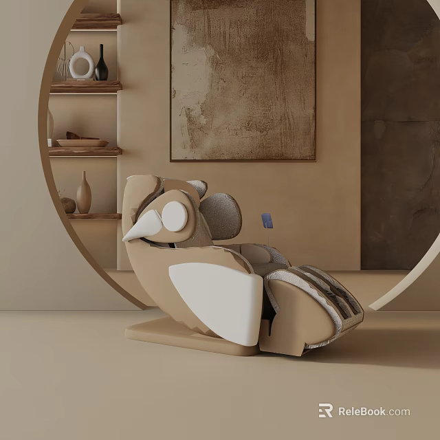 Modern Beige And White Leisure Chair With Geometric Design Near Circular Shelf And Decorative Painting 3d model 