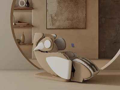 Modern Beige And White Leisure Chair With Geometric Design Near Circular Shelf And Decorative Painting 3d model
