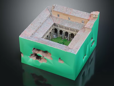 Ancient Architecture Courtyard With Arched Arcades Tiled Roof And Central Green Lawn 3d model