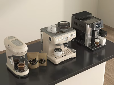 Modern Kitchen Coffee Appliances With Display Screen Coffee Cups And Sweet Bags On Black Countertop 3d model