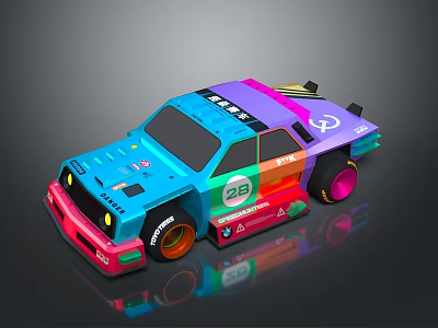 Colorful Low Poly Car With Number 28 Logos And Reflective Surface Design 3d model