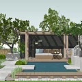 Tranquil Courtyard Garden With Wooden Pergola Deck Lush Grass Trees Seating Area And Greenery