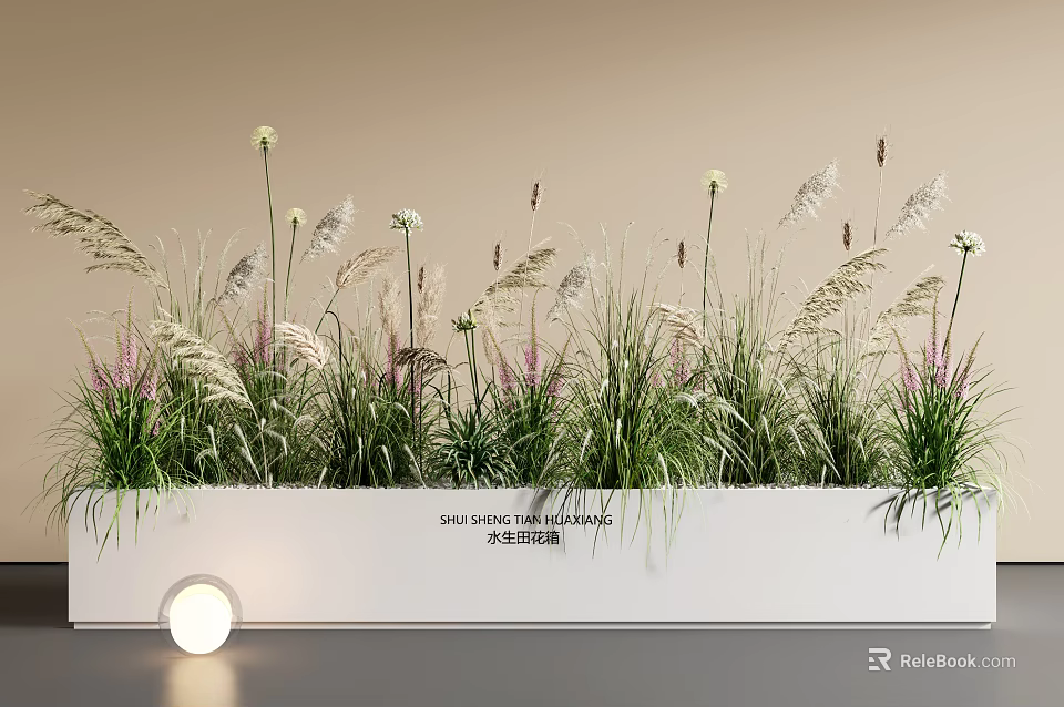 Green Grasses And Feathery Plants In White Rectangular Planter With Purple Flowers And Round Lamp 3d model 