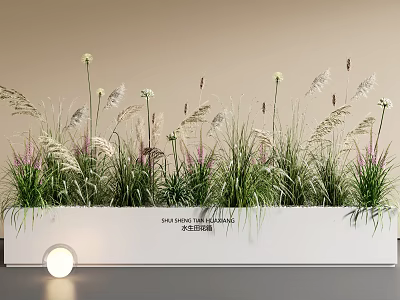 Green Grasses And Feathery Plants In White Rectangular Planter With Purple Flowers And Round Lamp 3d model