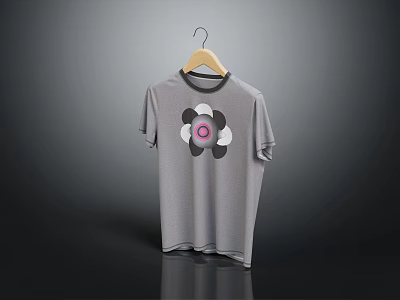 Gray Short Sleeve T-shirt With Floral Design Hanging On Wooden Hanger 3d model