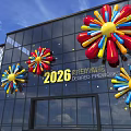 Colorful 2026 Desired Fireworks Themed Inflatable Decorations On Glass Building Exterior