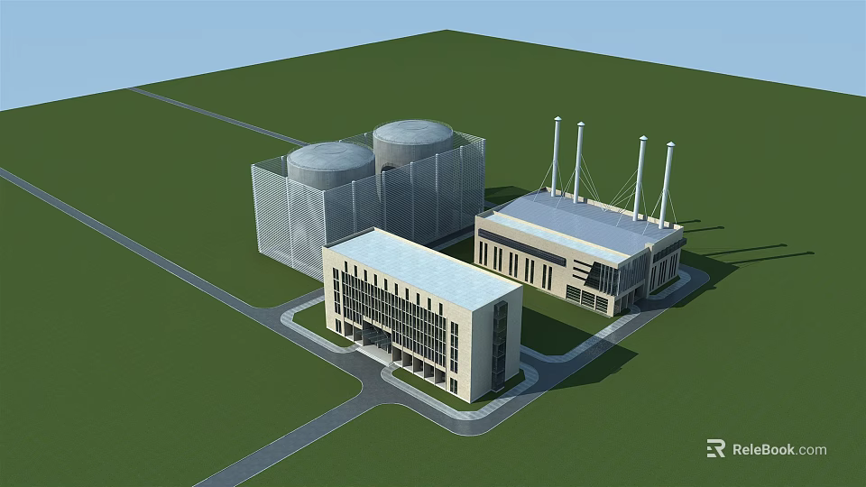 Modern Office Building With Green Lawn Industrial Tanks And Factory Structure 3d model 