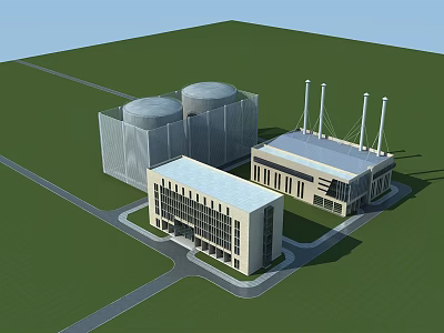 Modern Office Building With Green Lawn Industrial Tanks And Factory Structure 3d model