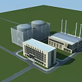 Modern Office Building With Green Lawn Industrial Tanks And Factory Structure