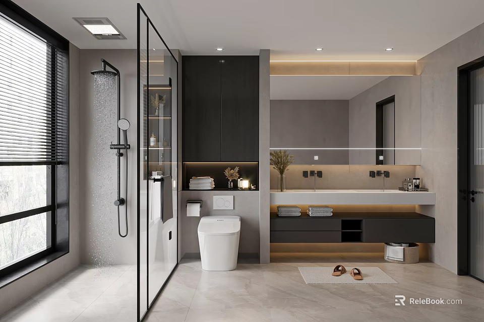 Modern Bathroom Interior With Glass Shower Double Vanity Dark Cabinets And Mirror 3d model 