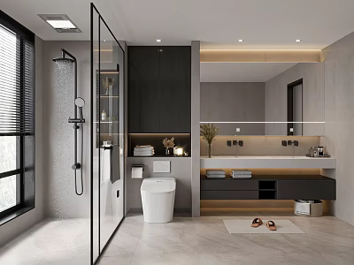 Modern Bathroom Interior With Glass Shower Double Vanity Dark Cabinets And Mirror 3d model