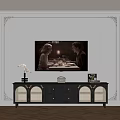 Black TV Stand With Rattan Design And Carved Wall In Living Room
