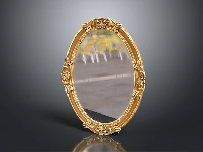 Golden Oval Decorative Mirror With Intricate Carvings For Home Living Space 3d model