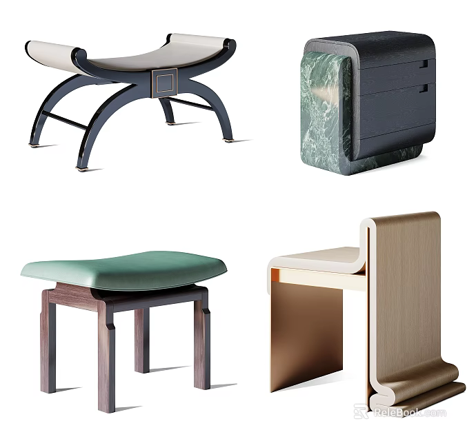 Modern Design Stools With Sleek Styles Wooden Frames And Colorful Seats 3d model 