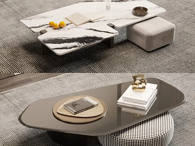 Modern Luxury Coffee Table With Marble Black Top Fruits Books Tray Decorations And Ottoman 3d model