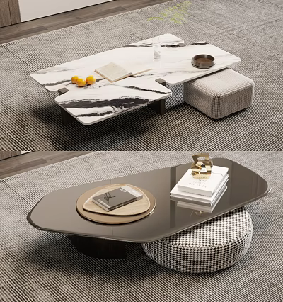 Modern Luxury Coffee Table With Marble Black Top Fruits Books Tray Decorations And Ottoman 3d model