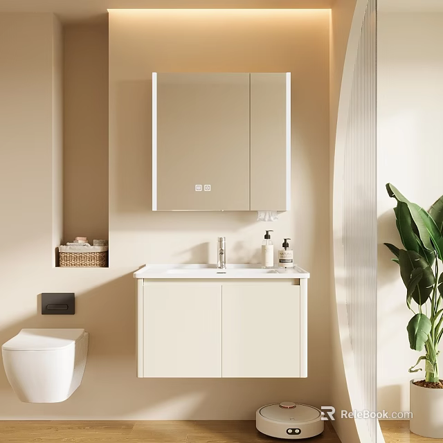 Modern Bathroom Cabinet with Mirror White Countertop Faucet and Toiletries in Beige Interior 3d model 