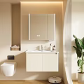 Modern Bathroom Cabinet with Mirror White Countertop Faucet and Toiletries in Beige Interior