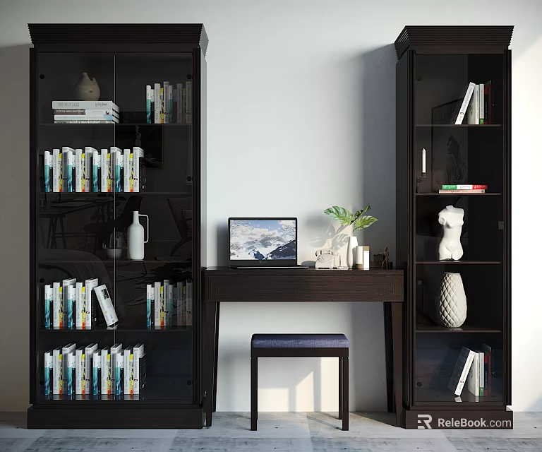 Dark Wood Bookcase With Books And Side Desk Featuring Laptop Green Plant Decorative Items 3d model 