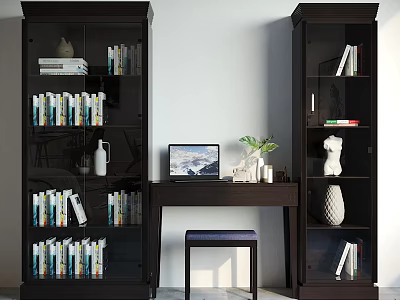 Dark Wood Bookcase With Books And Side Desk Featuring Laptop Green Plant Decorative Items 3d model